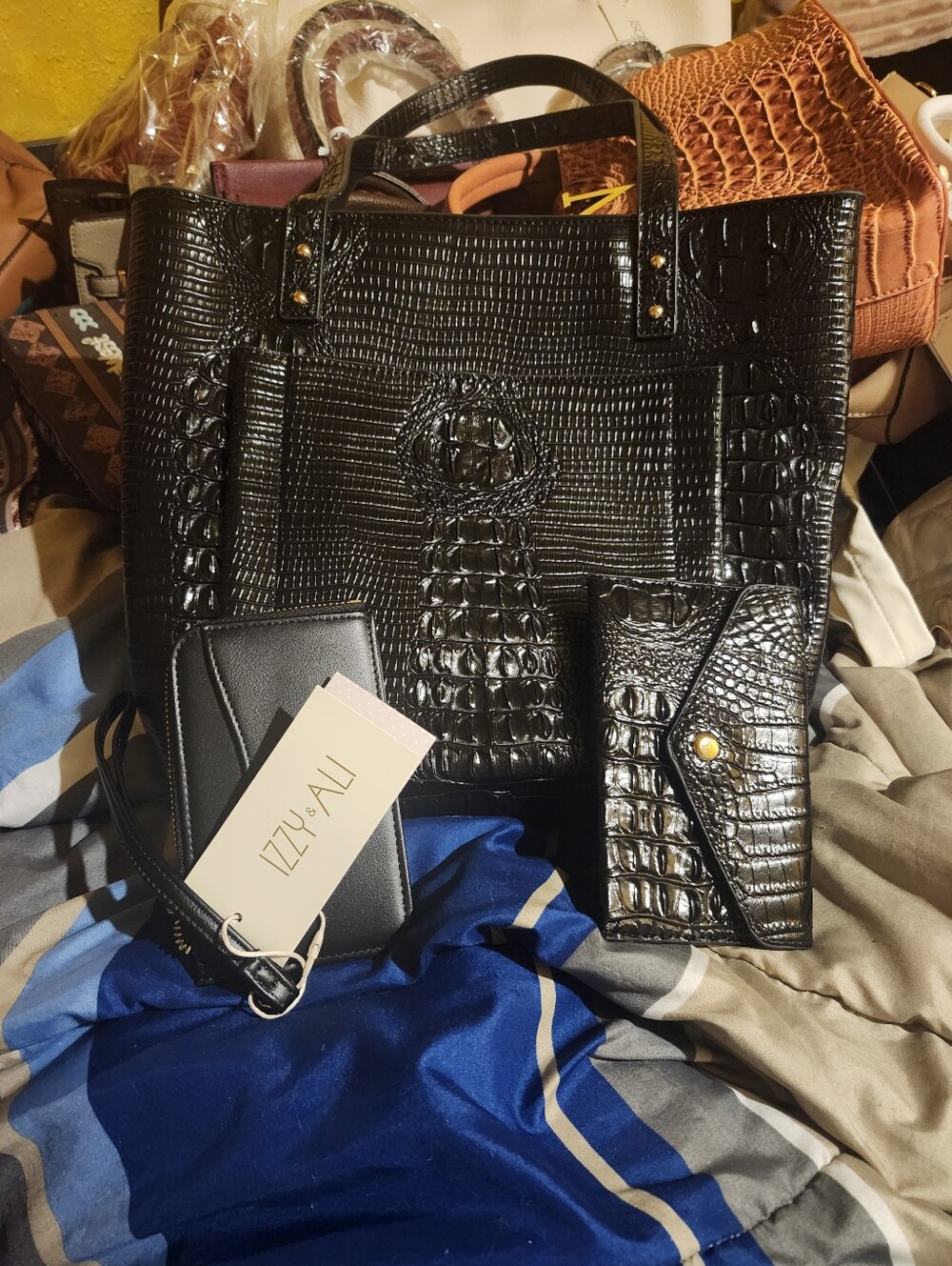 Black Croc-Embossed Tote Bag
